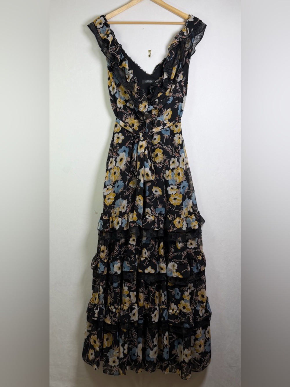 Ralph Lauren Women’s Floral Tiered Georgette Gown Sz 16 Romantic Lace Trim - Picture 2 of 15